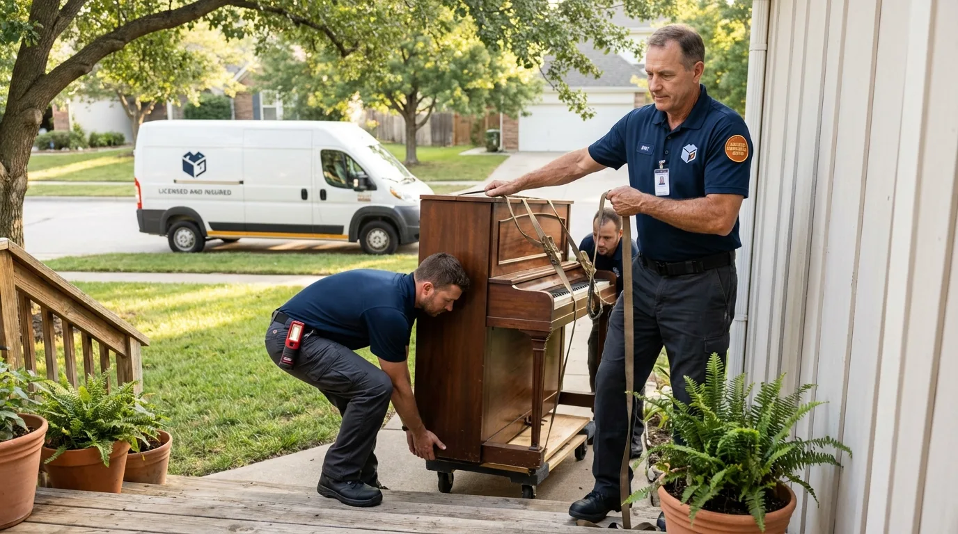 Licensed piano movers securing grand piano in Steele, AL
