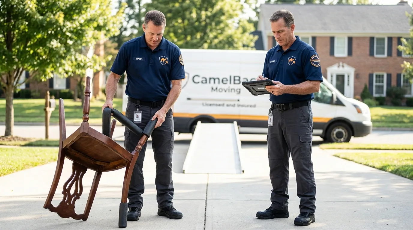 Movers inspecting furniture for damage prevention before loading in Steele, AL