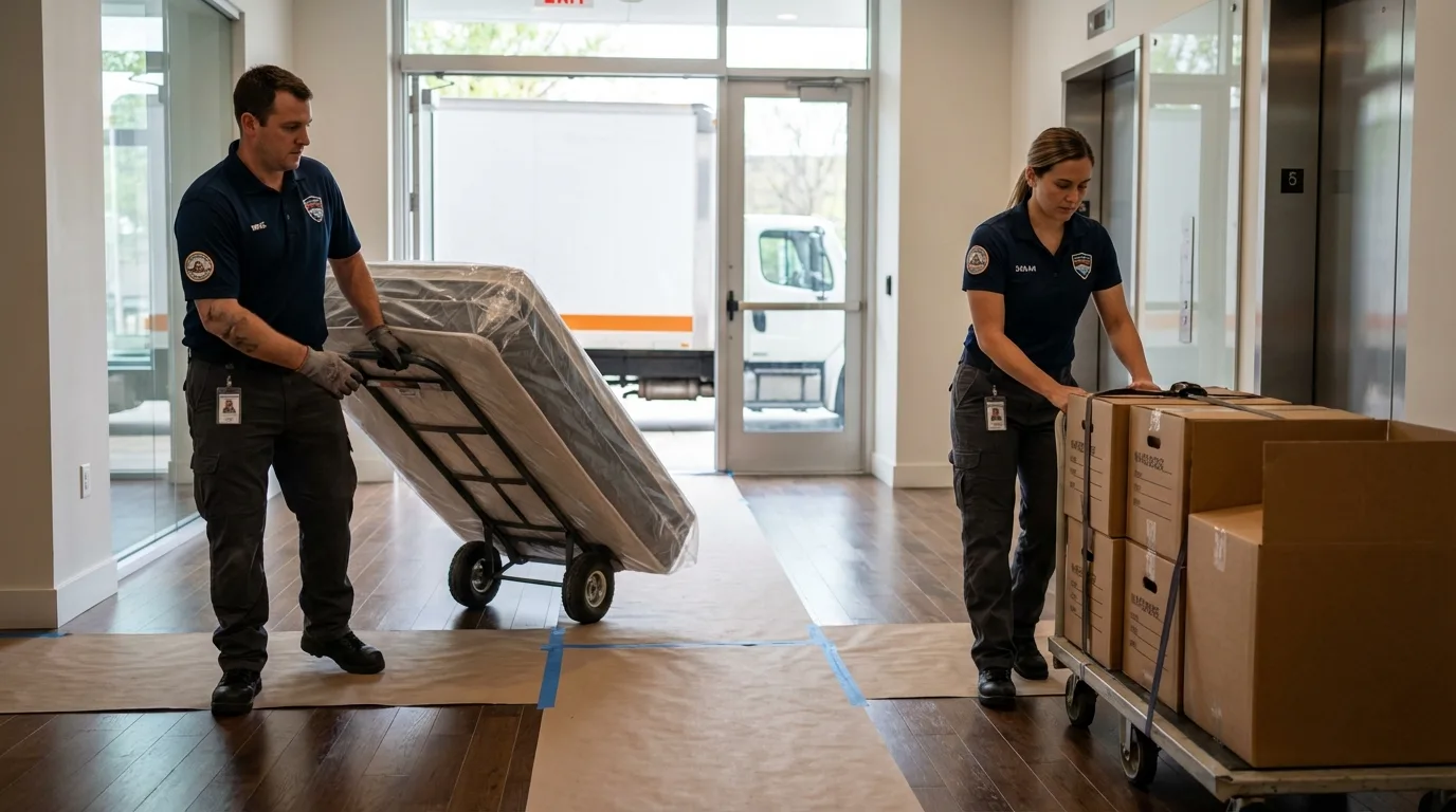 Professional apartment movers loading elevator in Steele, AL